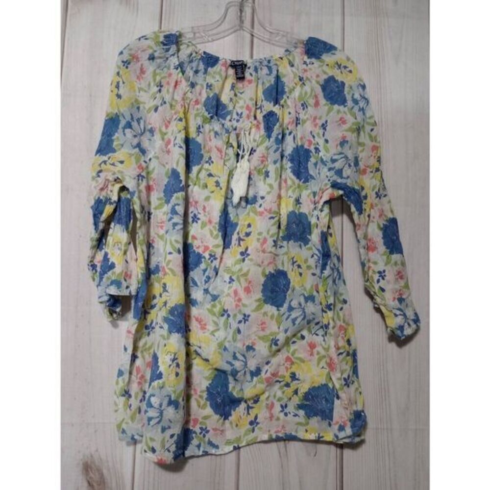 Chaps Denim Women Floral Peasant Top Blue‎ Yellow Tassel Tie Size Large L/G/G